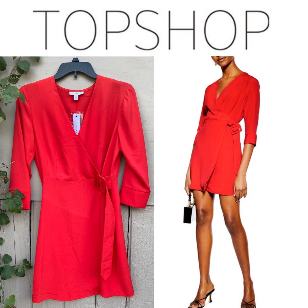 TOPSHOP Red Wrap Belted Mini Dress